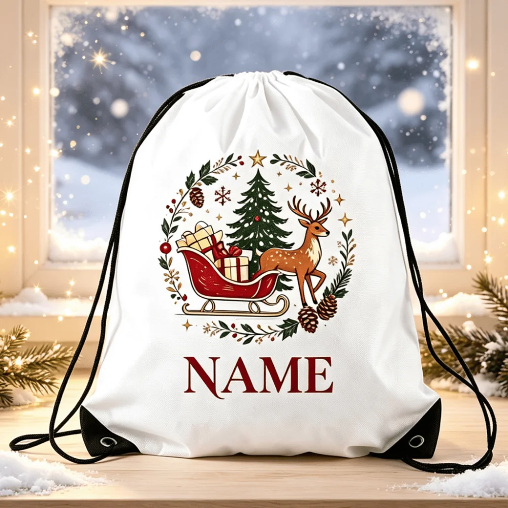 1Pc Christmas Custom Name/Text Drawstring Bag, Xmas-themed Storage Pouch, Backpack for Gift Wrapping and Party Decorations