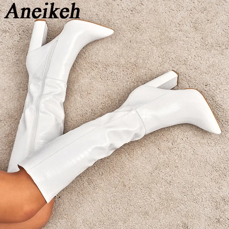 Aneikeh Women\'s Pointed Thick Heels Knee Long Boots 2024 Spring/Autumn Patent Leather Crocodile Pattern Panel Side Zipper Boots