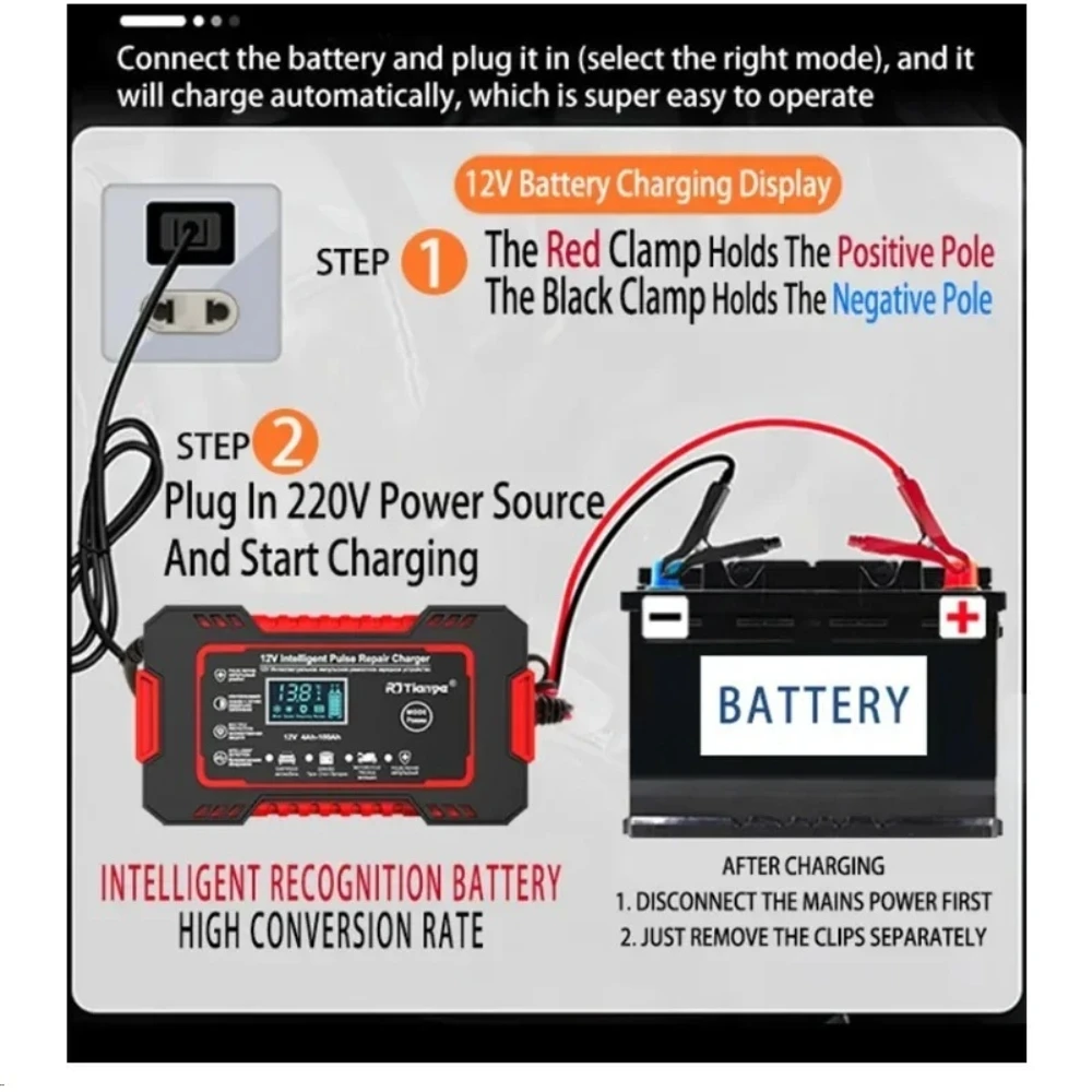 Car Battery Charger 12V Pulse Repair LCD Display Smart Fast Charge AGM Deep cycle GEL Lead-Acid Charger For Auto Motorcycle