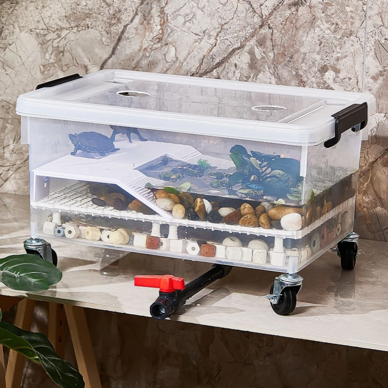 Transparent Turtle Tank with Lid Bottom Drainage Turtle Terrarium with Wheel Sun Drying Table Breeding Box Turtles House Habitat
