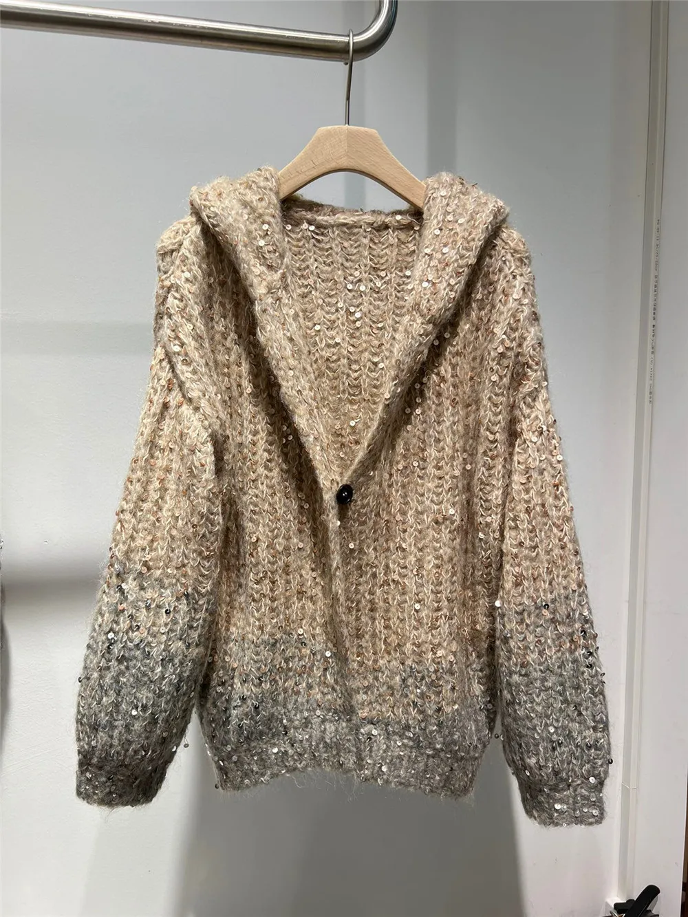 

Luxury Sequined Hooded Sweater Mohair Knitted Cardigan Fall Winter Clothes