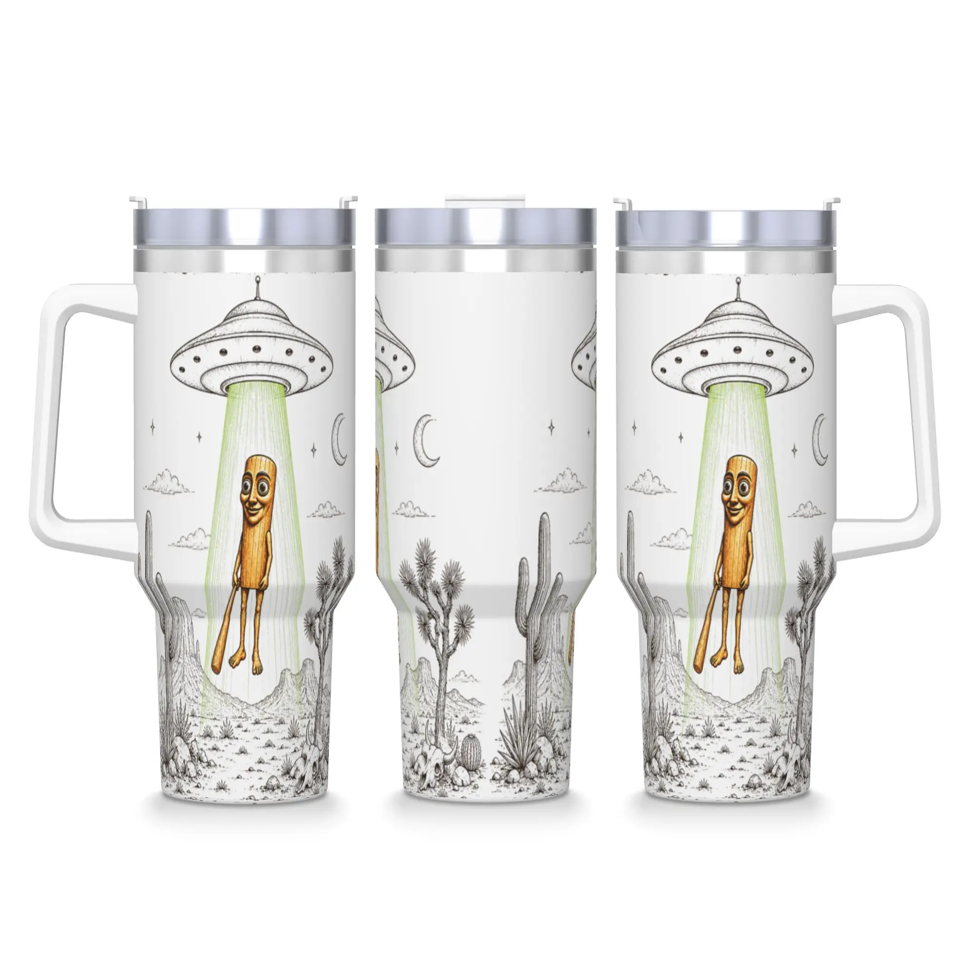 Stainless Steel Tumbler Tung Sahur and UFO Alien Abduction Desert Science Humor Mugs With Straws Driving Hot Drinks Water Bottle