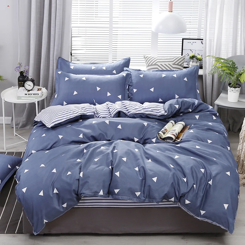 1PC Quilt Cover: Dark Blue, White Triangle & Blue-White Stripe, Minimalist Geometric Vibe, Skin-Friendly, Fits Single/Double
