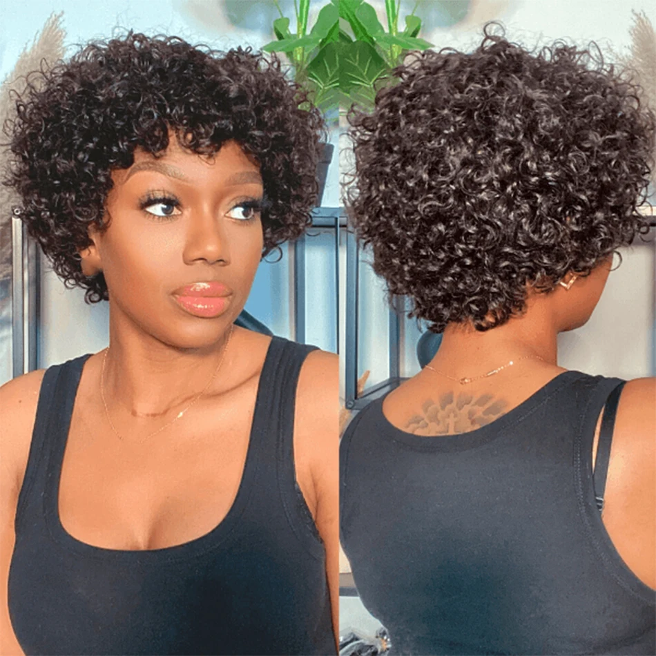 180% Density Pixie Curls Wigs Human Hair Glueless Wigs for Women Human Hair Short Curly Machine Made Wig 6 Inches