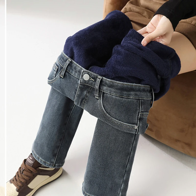

Fashion Stretchy Denim Jeans Women's Fleece Autumn Winter New Straight Regular Fit Classic Daily Retro Dad Pants Female