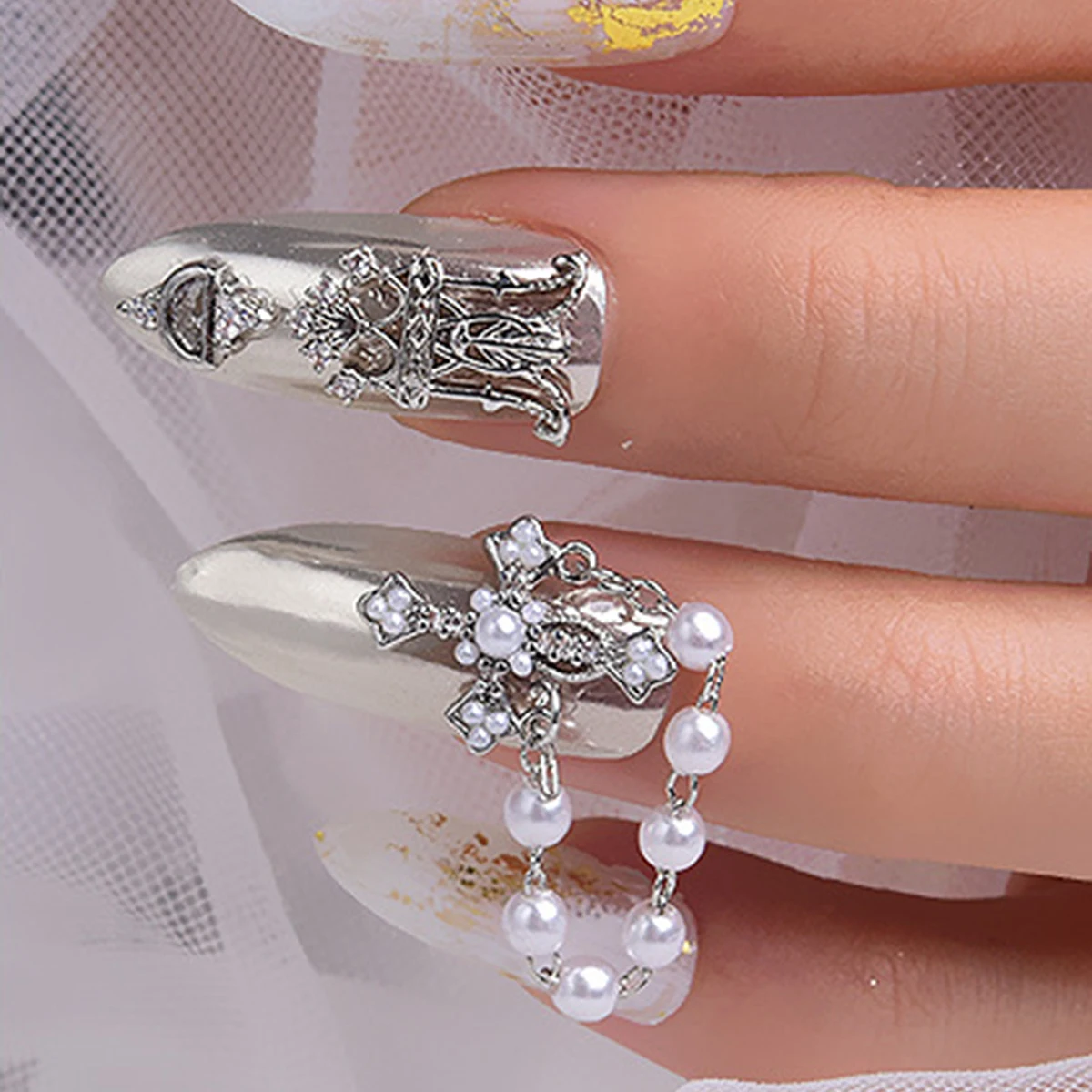 2 pcs Court wind Cross Pearl Pendant Nail patch Light luxury micro set diamond Zircon Pearl nail decoration nail accessories