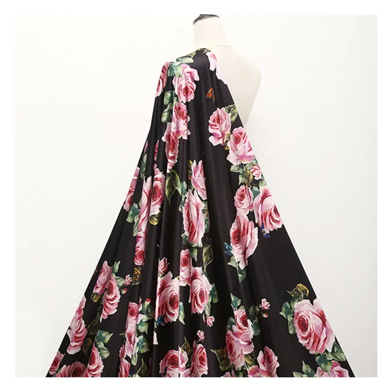 Italy D brand rose flower printed stretch satin soft women\'s summer fashion polyester DIY clothing fabric cloth for dress