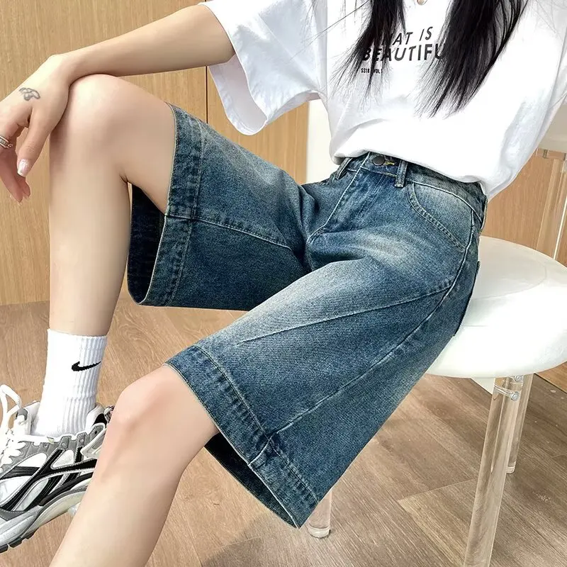 

Джинсы с пятью точками в стиле ретро Spicy Girl, женские летние свободные летние супер больших размеров, прямые брюки, широкие брюки, летние лыжи средней длины