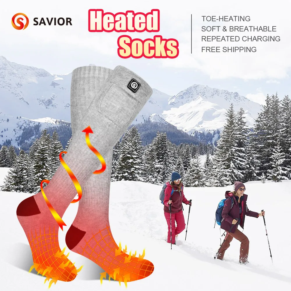 SAVIOR Grey Winter Thermal Heated Socks For Adult Wind Waterproof Rechargeable Battery Warm Hand Ski Gloves 100% Cotton Comfort