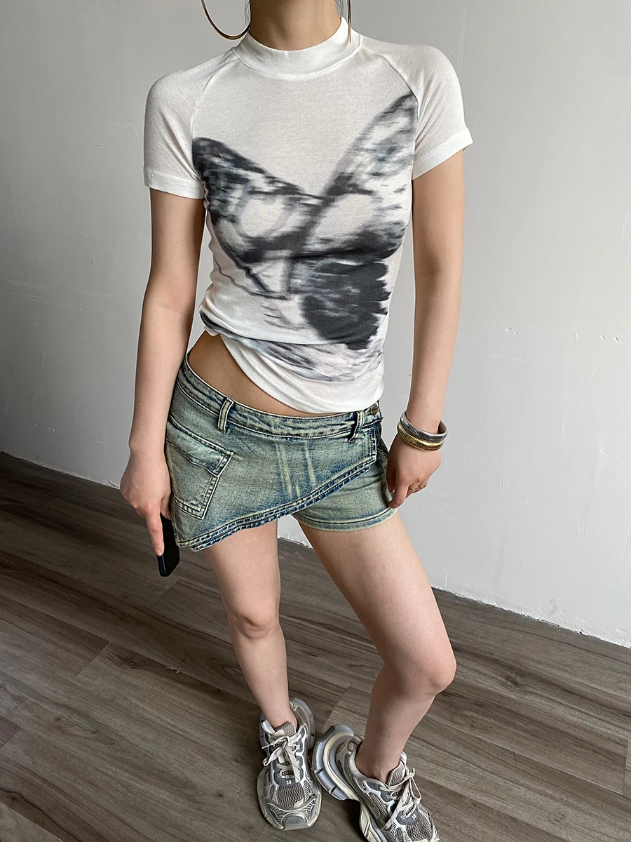 

Футболка с принтом бабочки Y2K: уличная одежда American Baddie, модный облегающий облегающий летний топ с графическим рисунком, женский короткий топ ♡ TikTo 2025л