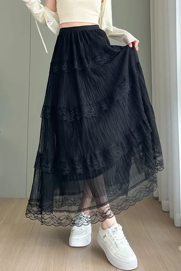 2026 Summer New Thin Lace Stitching Skirts Women Fashion High Waist Loose Cake Skirt Female Solid Color Casual Skirts U80