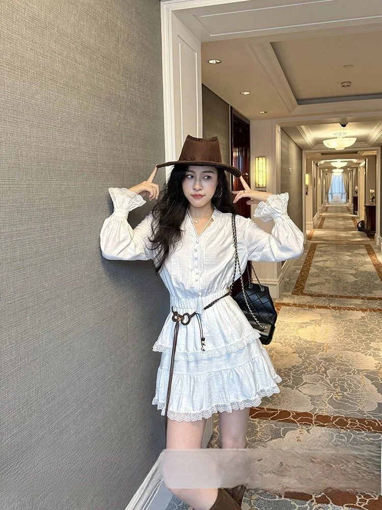 

Zhang a Xing Holiday Love Letter V-neck Lantern Sleeve Atmosphere Long Sleeve Waist-cinching Dress Casual High Waist A-line S...