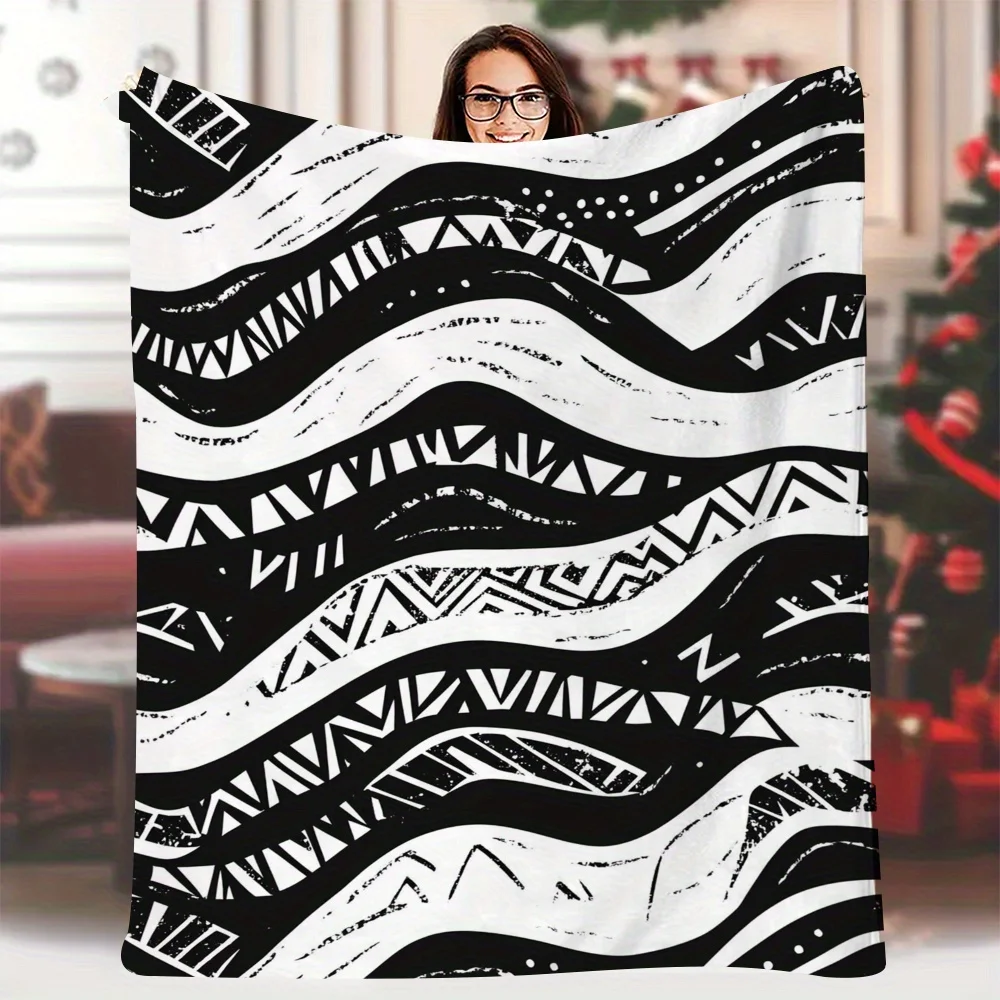 Extra Large 59.84x79.92inch  Black & White Geometric Print Blanket - Super Soft & Cozy Flannel All-Season Luxu