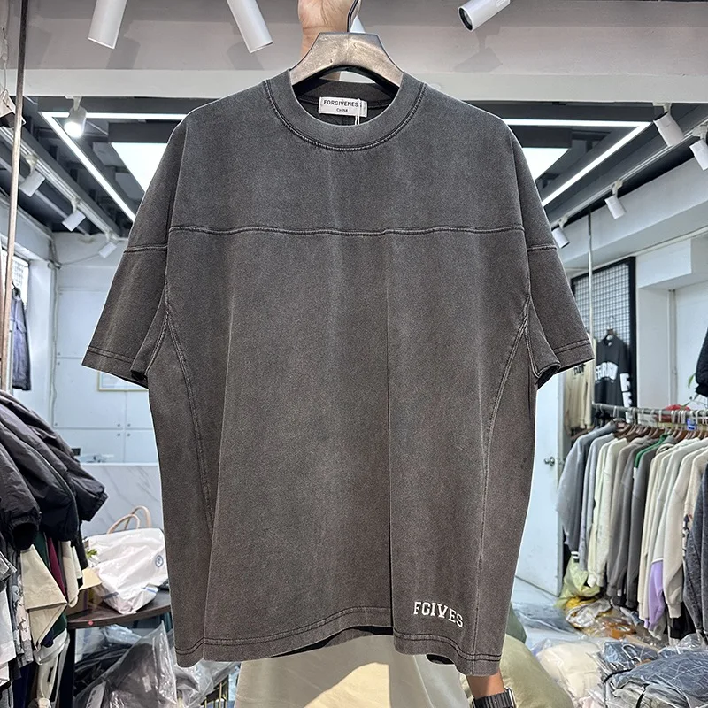 

Men T Shirt Streetwear Vintage Casual Heavy Washed Tee Summer Cotton Stitching T Shirts