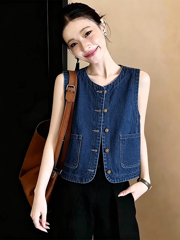 plus Size Summer New round Neck Denim Vest Women Casual Sleeveless Top Fashionable Cover Belly Outerwear Single Button Closure