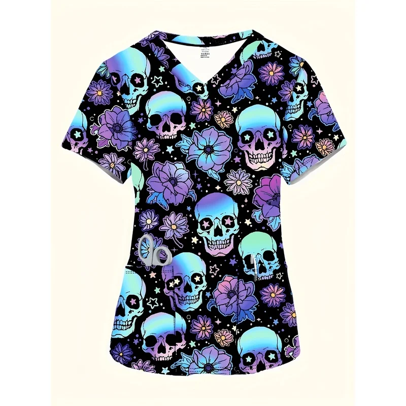 Women's Fashion Short SleeveVCollar top，Skull print casual comfortable medical nurse uniform with pockets，Lady Doctor Operating