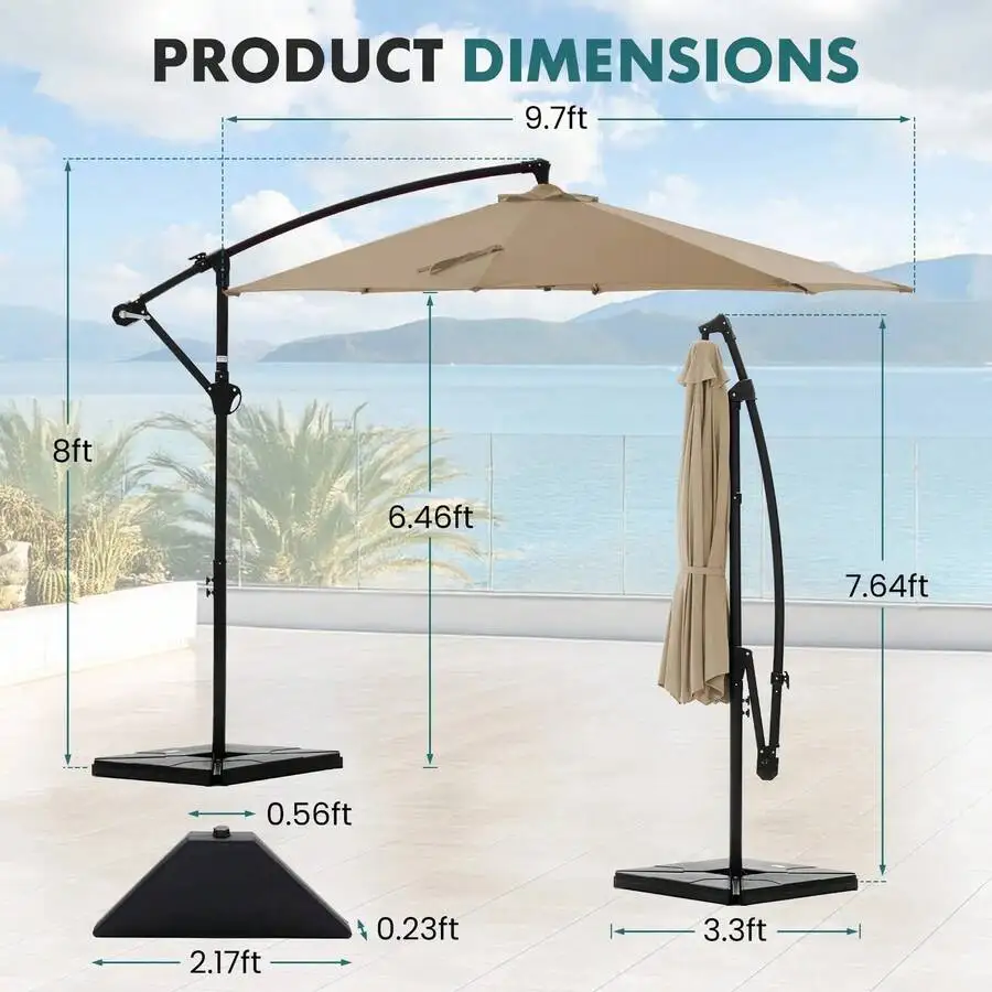 

10ft Offset Outdoor Patio Umbrella With Base Tilt Crank Adjustable Polyester Shade