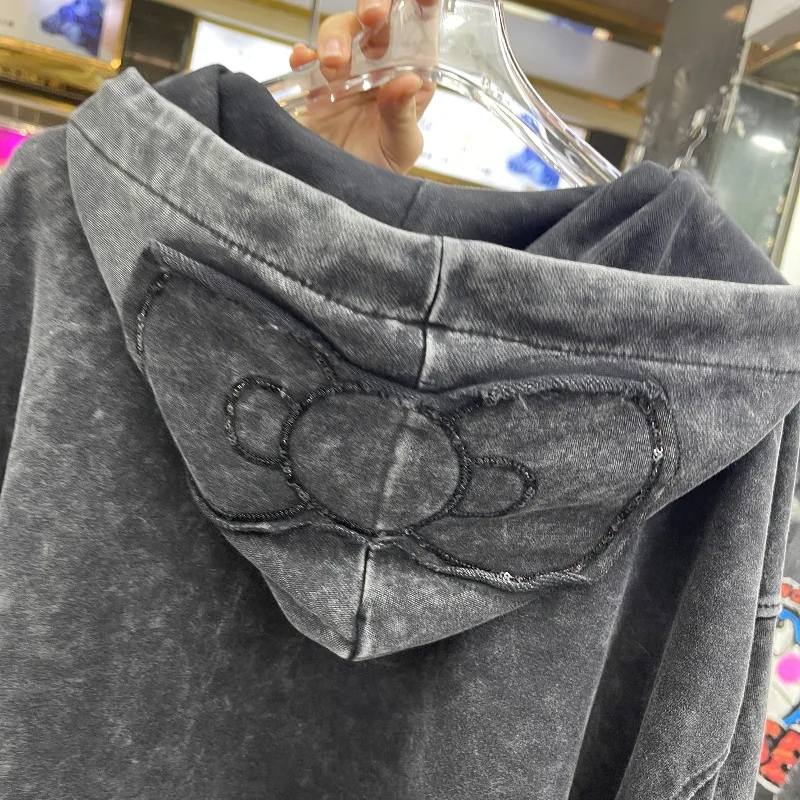 2025 Autumn New Heavy Patchwork Glasses Cartoon Sweatshirt Coat Women's Loose Slimming Versatile Age-Reducing Pullover Sudaderas