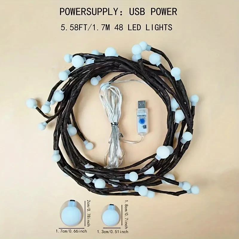 Branch Lights com Design Rattan Dobrável, USB, 48 LED, Decoração Interior, Perfeito para Festas de Natal, Iluminação de Parede do Jardim, 8 Modos