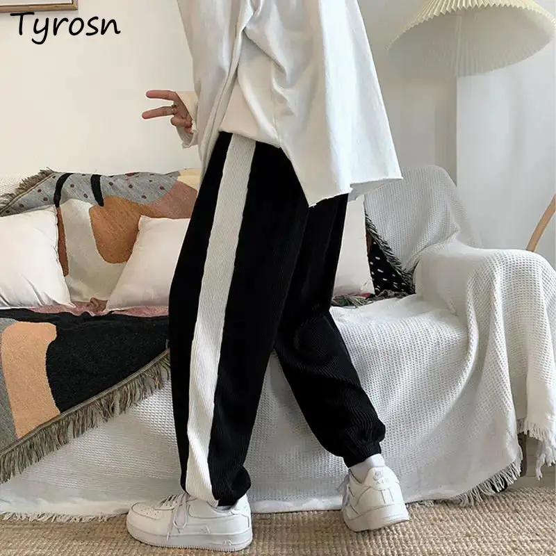 

Повседневные брюки, женские лоскутные прямые брюки с эластичной резинкой на талии, стильные универсальные свободные брюки в корейском стиле, джоггеры для подростков