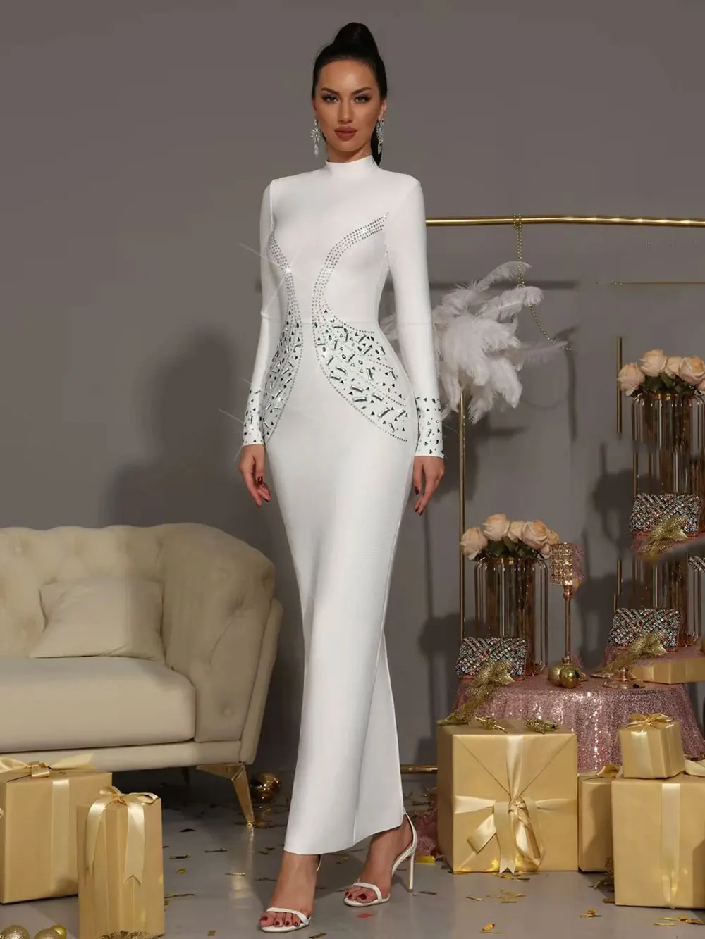 2025 Vestido elegante ligero de lujo con cuentas para uñas, Vestido Bandage con cuello alto y manga larga, Vestido largo blanco ajustado, Vestido de fiesta de noche