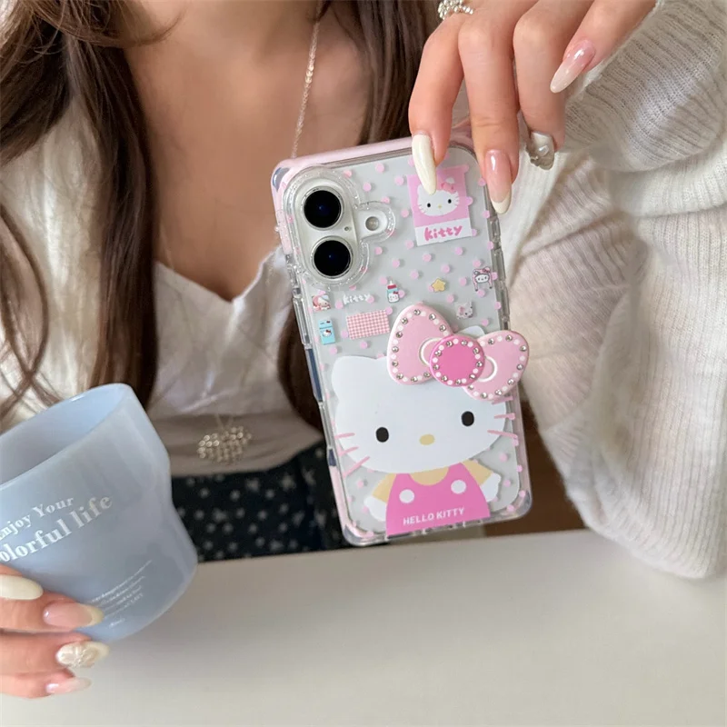 

Hello Kitty 3D Bowknot Rhinestone Phone Case For iPhone 17 16 15 Pro Max Kawaii Shockproof Clear Protective Cover For Girls