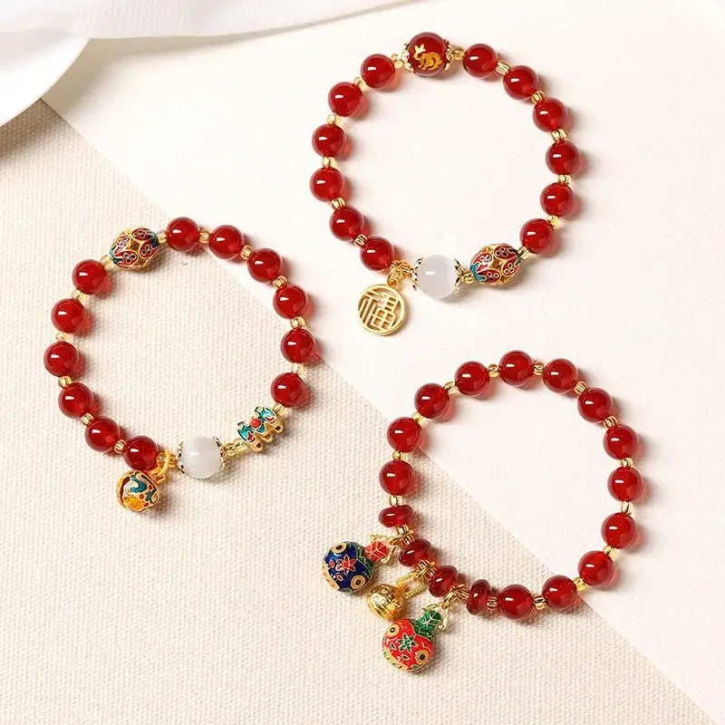 

UMQ Natural Red Agate Zodiac Bell Year of Fate Bracelet Original Court Retro Design Prayer Beads for Women Bracelet