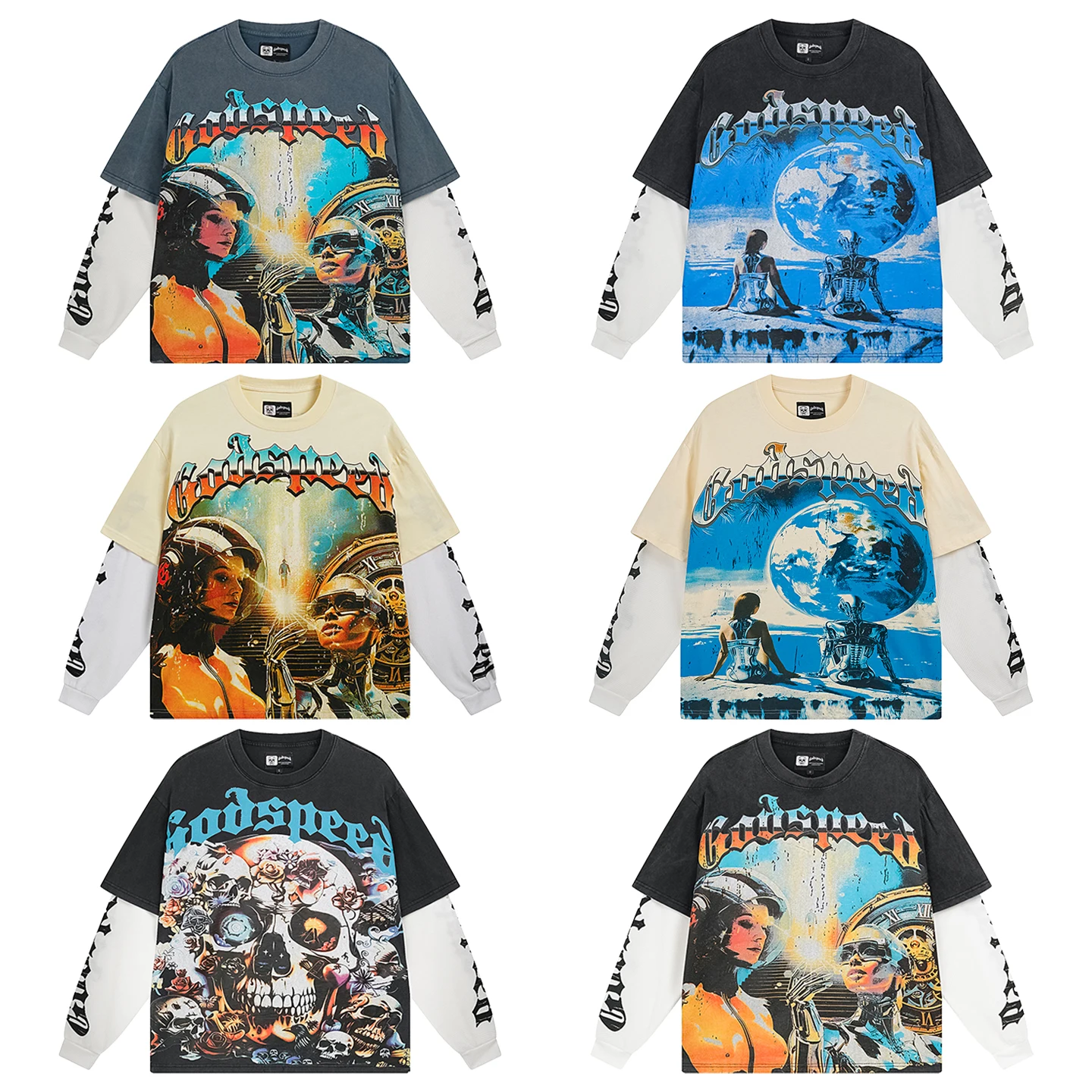 Retro Skeleton Letter Print Loose Long Sleeve T-Shirt Streetwear Unisex Washed out Fashionable Top for Men And Women