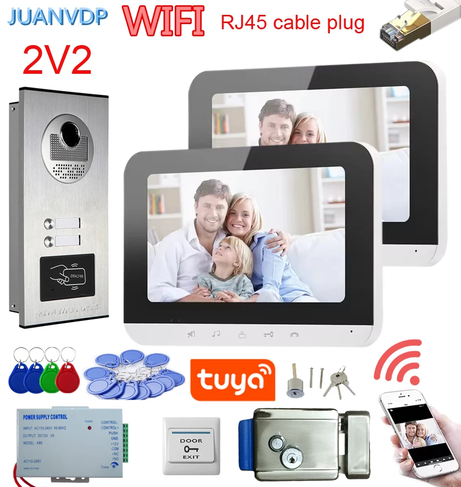 Video Intercom System Wifi 7” Video Doorbell Door System Kits for Villa Home Office Apartment 2/3/4/6 Apartments RJ45 Cable Plug