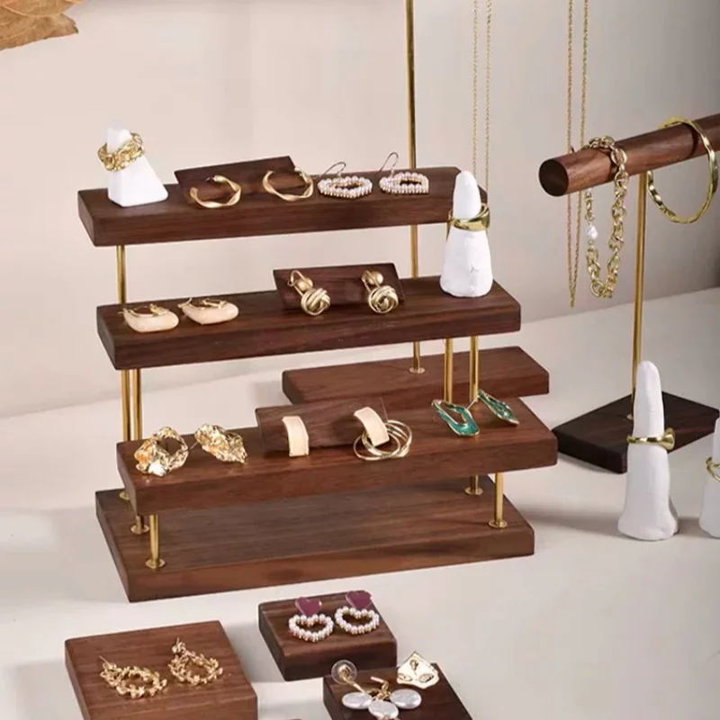 Black Walnut Wood Jewelry Stepped Display Stand – Storage Rack for Earrings, Rings, Suitable for Home Use or Jewelry Shops