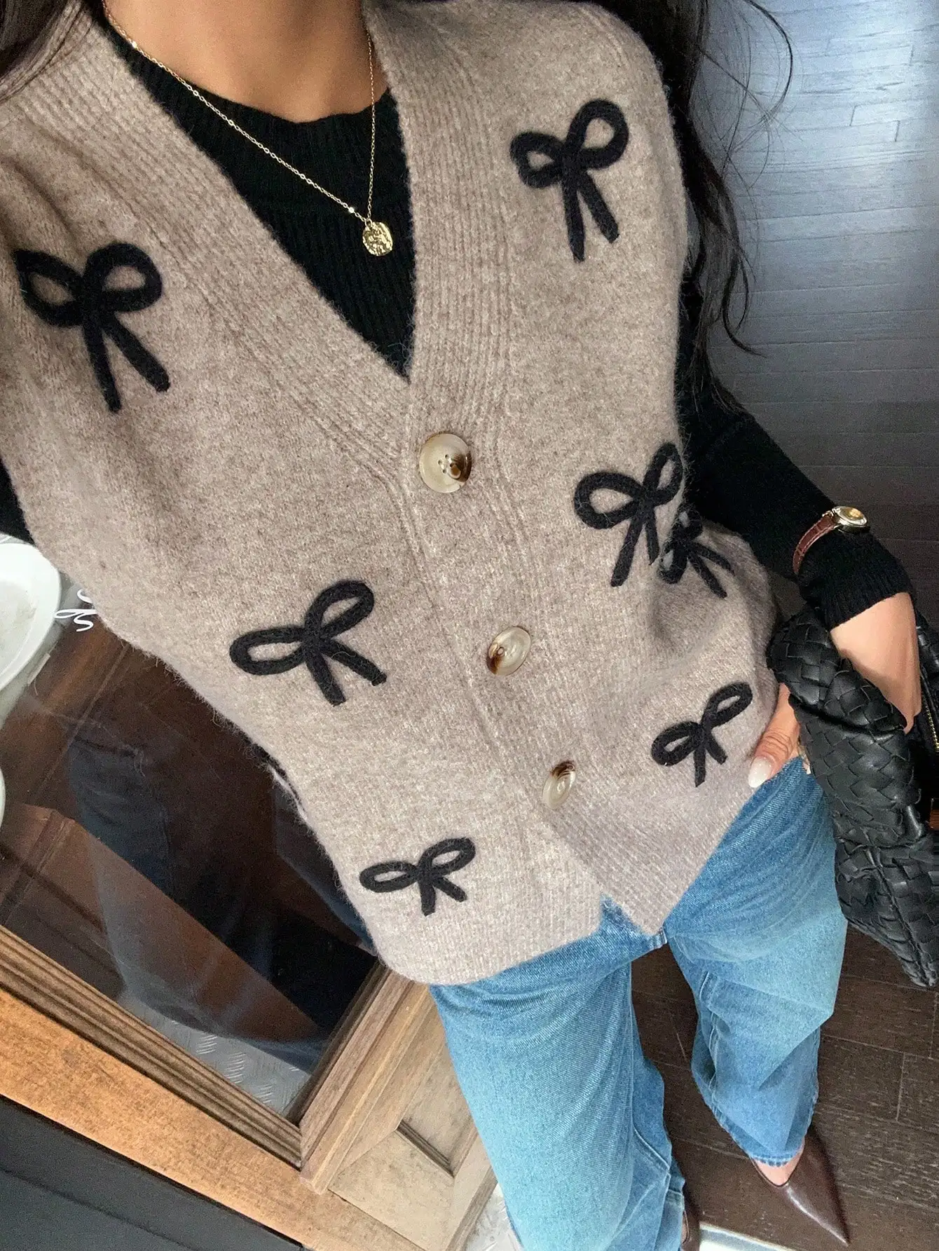 Women's Gray Knitted Sleeveless Cardigan with Black Bow Embroidery, Casual Autumn Winter Vest