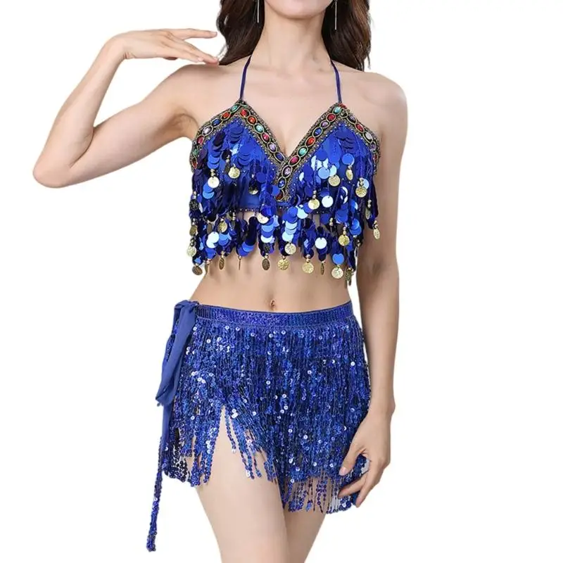 39BD Zweiteiliges Bauchtanz-Outfit für Damen, Pailletten-Fransen-Bauchtanzrock und Top-Set – Detail 5