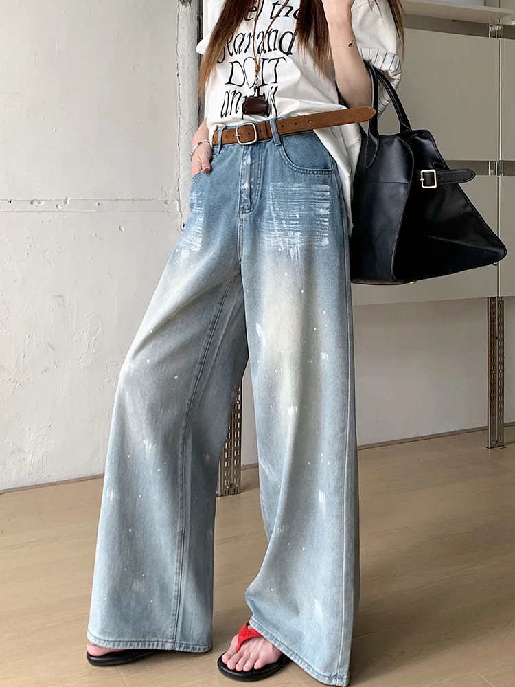 

Women's vintage blue jeans wide leg pants summer high waisted loose casual versatile trendy straight leg floor pants