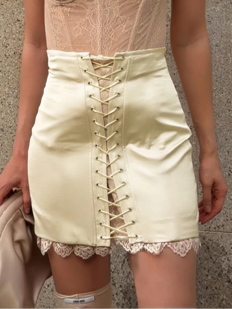 Y2K Lace Trim Hem Mini Skirt Women Retro High Waist Corset Short Bottom Garter Detail Front Lace Up Streetwear Party Club Outfit