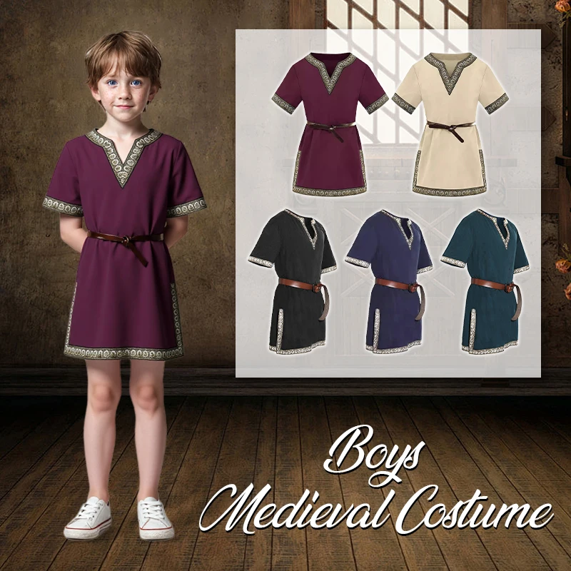 

Boys Medieval Costume Viking Pirate Shirt Knight Cotton Linen Vintage Tunic Tops Kids Renaissance Halloween Cosplay Costume