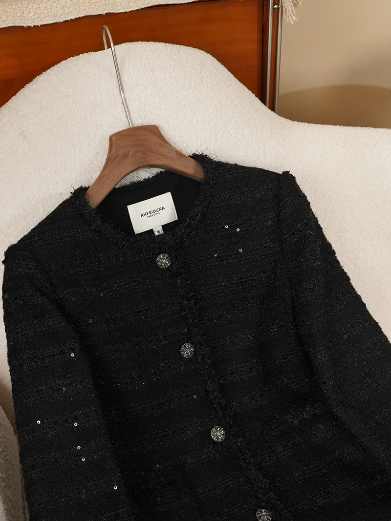 Ele Thi Tweed Bla Sequin Trim Hand Knitted Fringe Spring Autumn Women's Jaet Top Stand Fit Luxury Sle Polyeste...