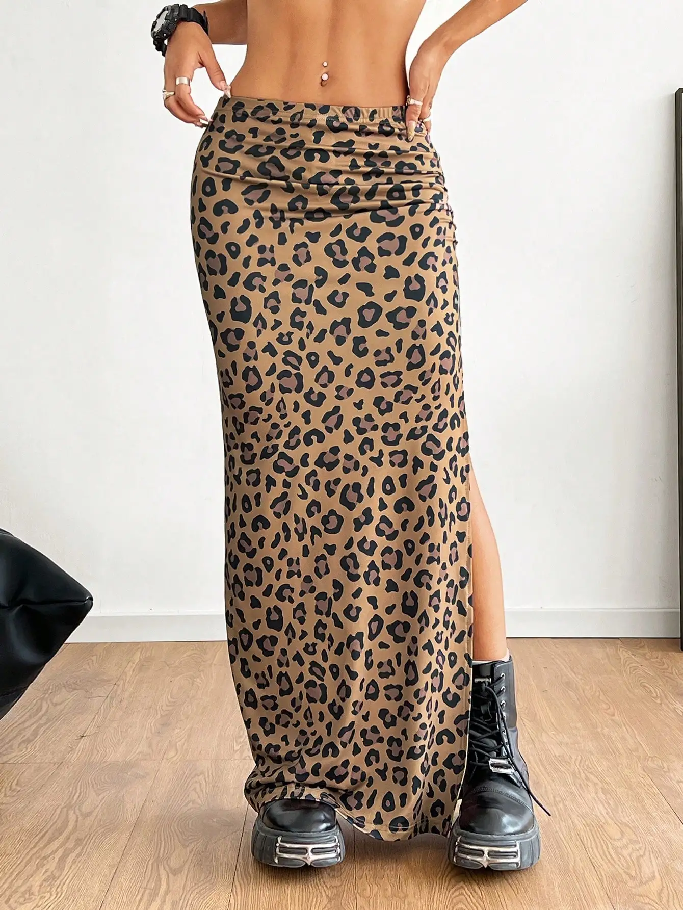 تنورة طويلة نسائية مثيرة بطبعة الفهد من BWQ، تنورة طويلة بفتحة مكشكشة، ملابس مهرجان الموسيقى للفتيات الرائعة للصيف #5