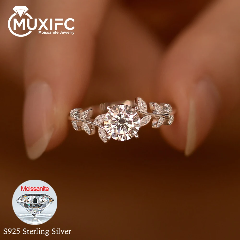 

MUXIFC 1 Carat Real Moissanite Wedding Rings For Women Fresh Leaf Lab Diamond 925 Sterling Silver Engagement Band Fine Jewelry
