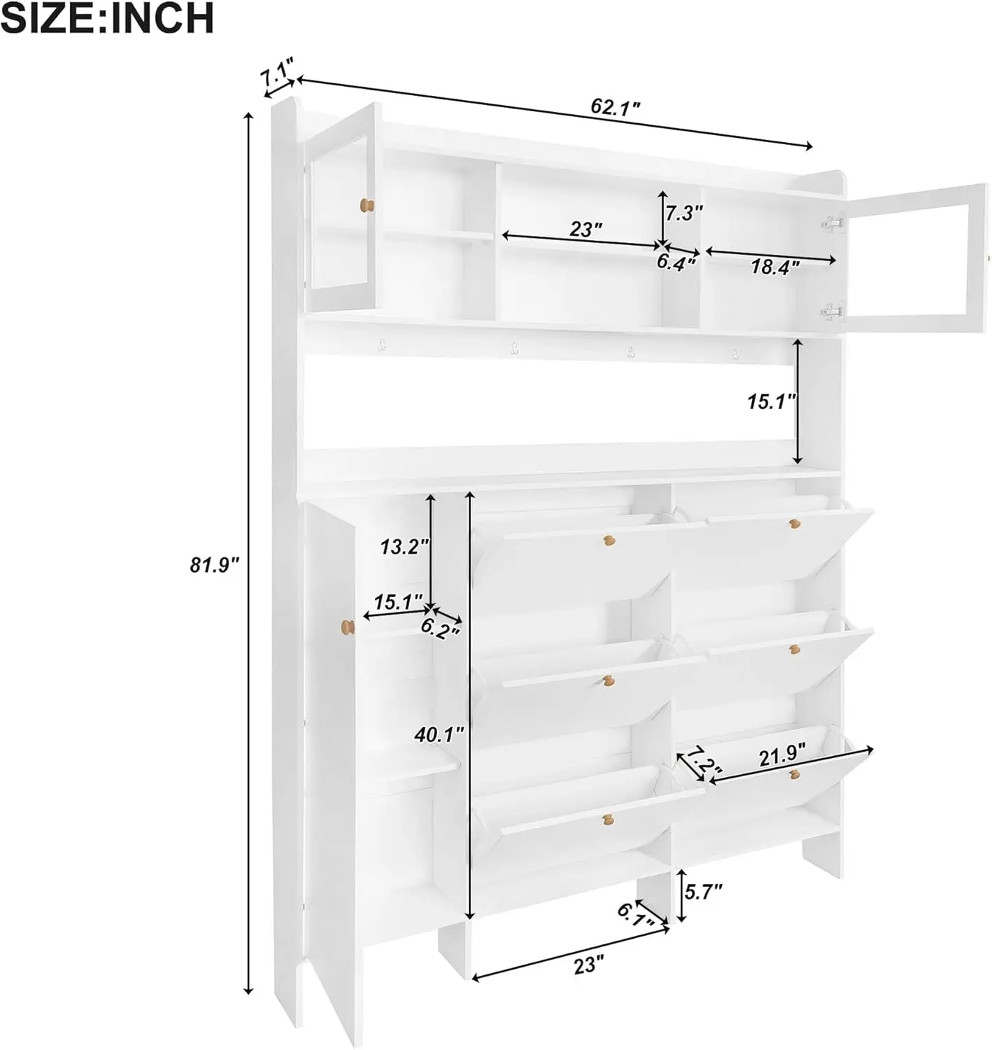 Multifunctional Shoe Cabinet with 4 Hooks Storage Shelf & 6 Flip Drawers Modern Large Hall Tree Tempered Glass Doors for Hallway