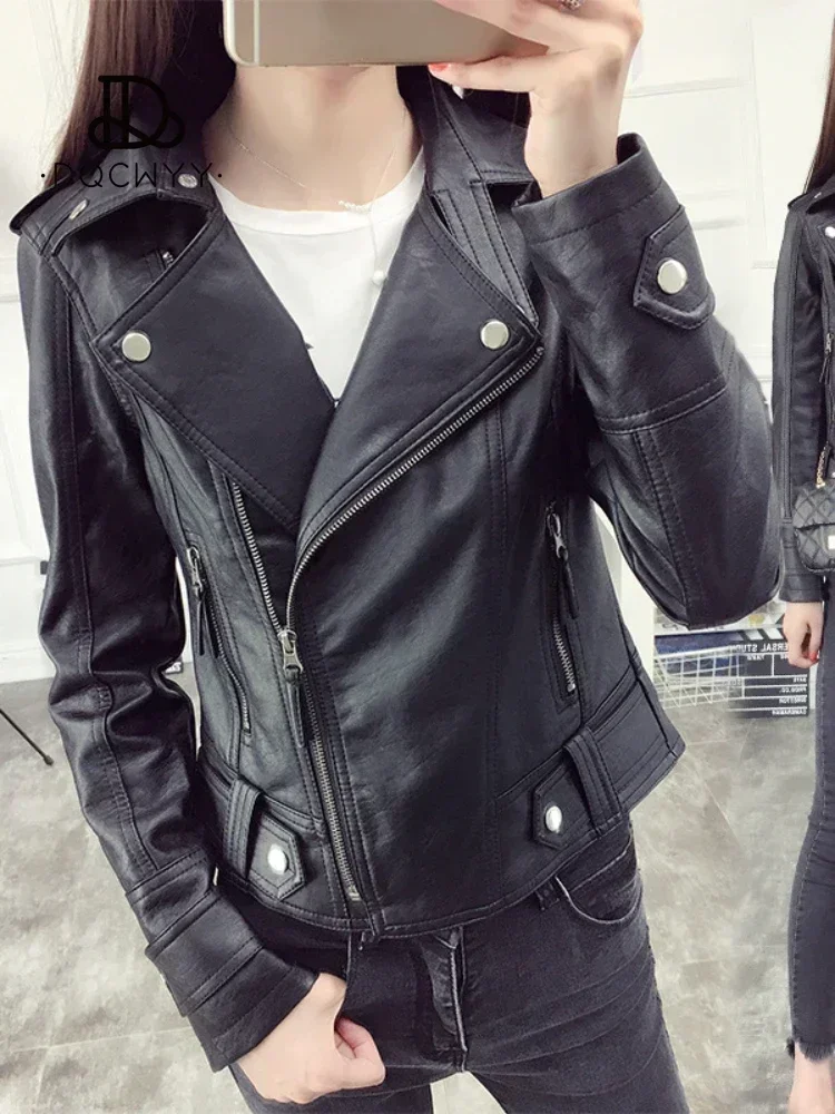 Leather Jacket Women PU Jacket Fashion Black Short Coat Autumn Slim Lapel Motorcycle Tops Casual Faux Fur Coat Jackets for Women