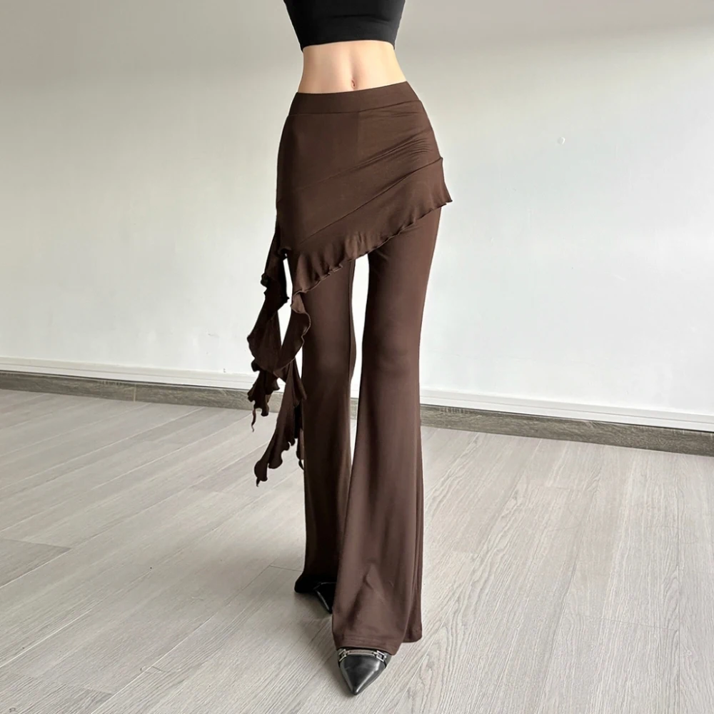 SylCue Satin Surface Patchwork Pant Women High Waist Skinny Hip-Covering Ribbons Asymmetrical Design Street Casual Simple Bottom