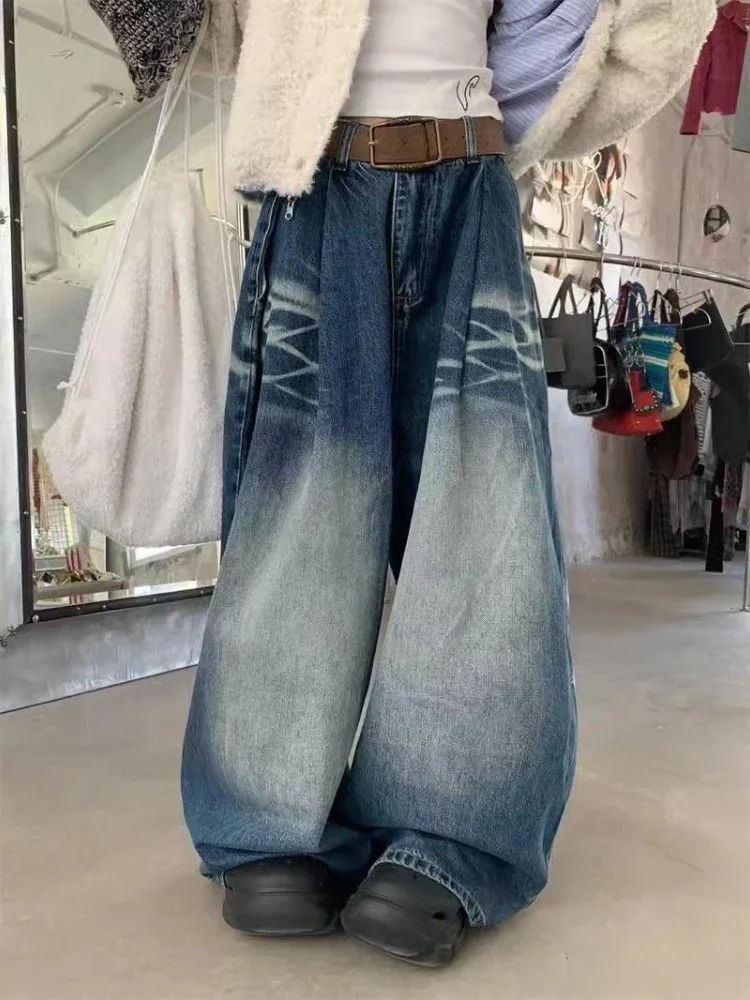 

ADAgirl Blue Retro Washed Jeans Women Hip Hop Harajuku Causal Oversized Zip Straight Wide Leg Denim Pants Y2k Chic Slouchy Jeans