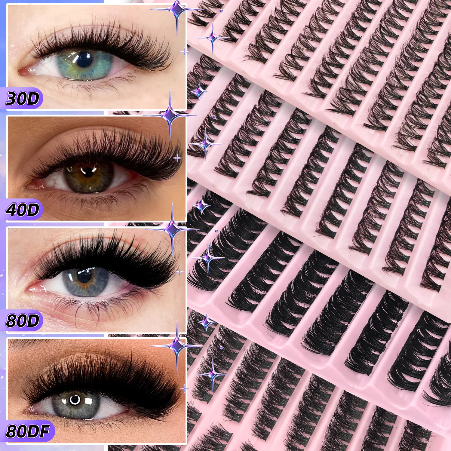 200PCS D Curl Eyelash Cluster Set with 30D40D80D and 80D Spiky Style Natural Wispy Volume Lashes