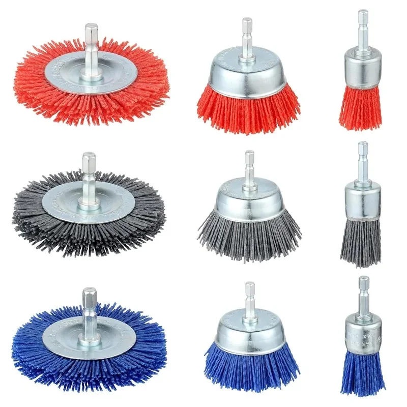 9 Pack Nylon Abrasive Brush Wheel & Cup Brush Set For Drill With 1/4 Inch Hex Shank, 80 120 240 Grit For Rust Paint Removal