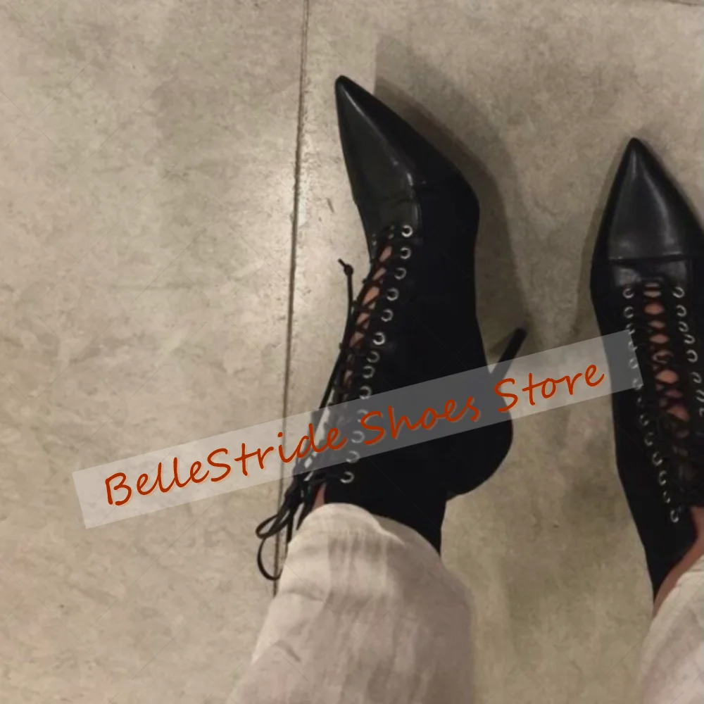 

Black Pointed Toe Lace up Boots Matte Leather Women Shoes Stilettos High Heels Party Banquet Dating 2025 Zapatos Para Mujere