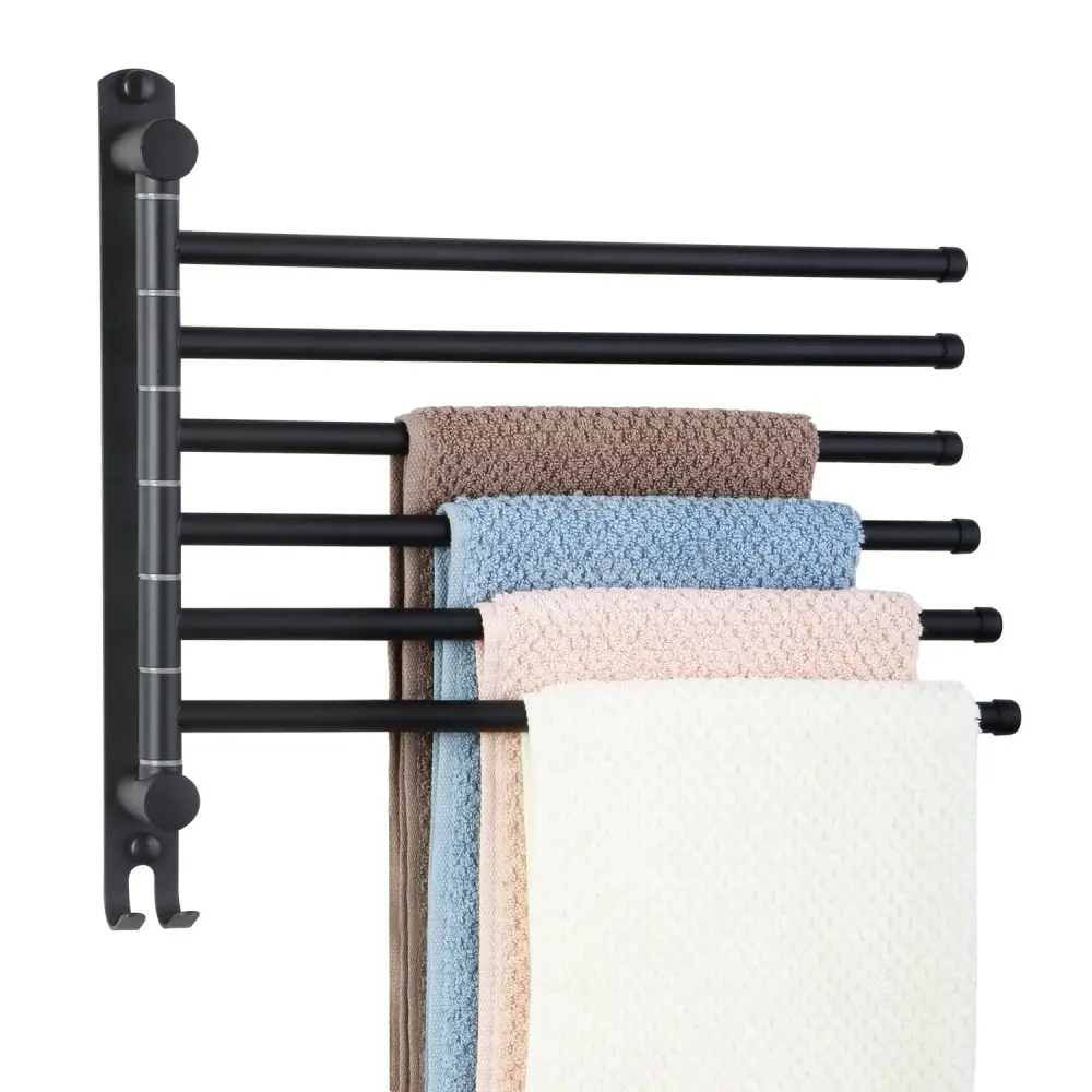 Black Towel Rack Swivel Towel Rack Wall Mounted SUS304 180 Rotation 6 Arms Towel Racks Space Saving Towel Holder for Bathroom