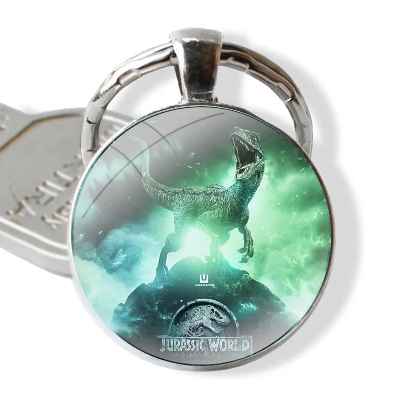 Keychain Handmade Glass Cabochon Key Ring Holder Pendant Key Chains Jurassic Park Dinosaur World