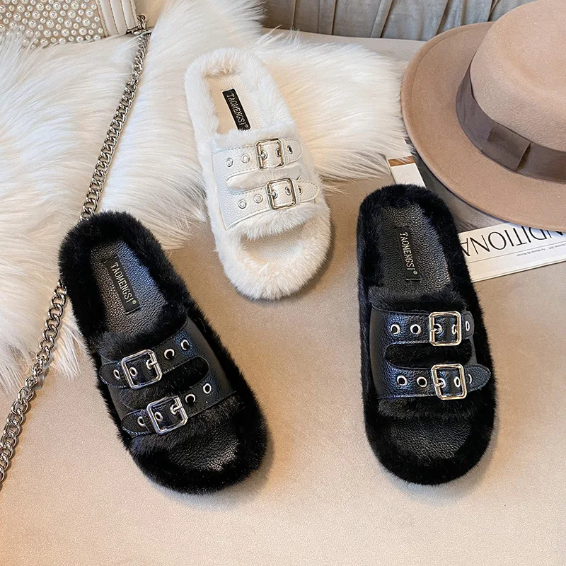 

Women Double Buckle Flat Slippers Fluffy Home Shoes Thick Sole Winter Fur Slides Outdoor