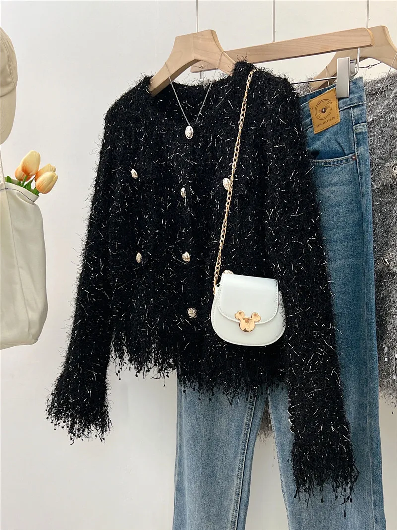 Fall Winter Korean Tassel Shiny Silk Single Breasted Temperament Short Cardigan Women\'s Sweater Coat Knit Tops Jacket Outwear