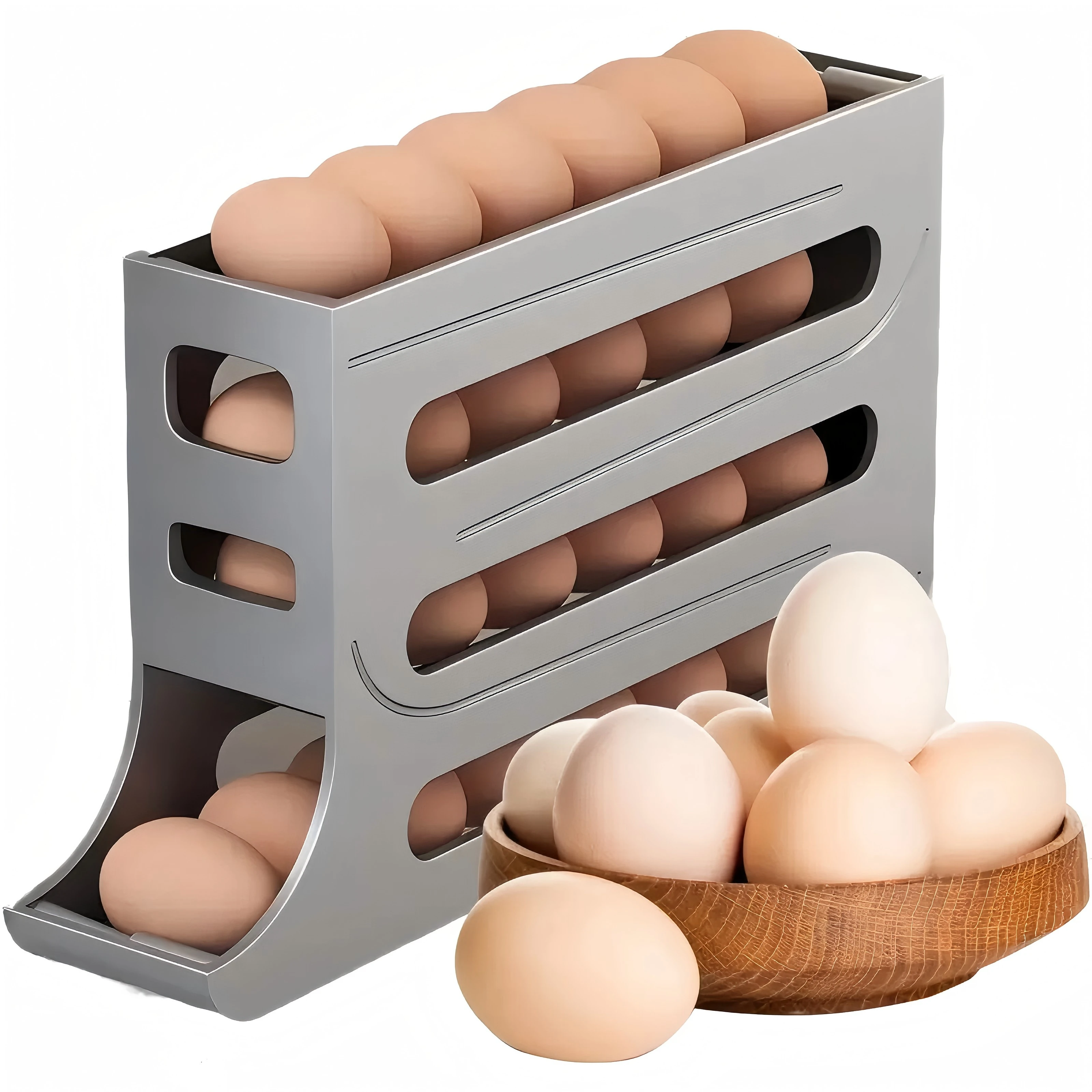 4 Tiers Egg Holder for Fridge， Automatic Egg Rolling Rack, 30 Eggs Storage Rack, Egg Distributor for Refrigerator, Egg Storage